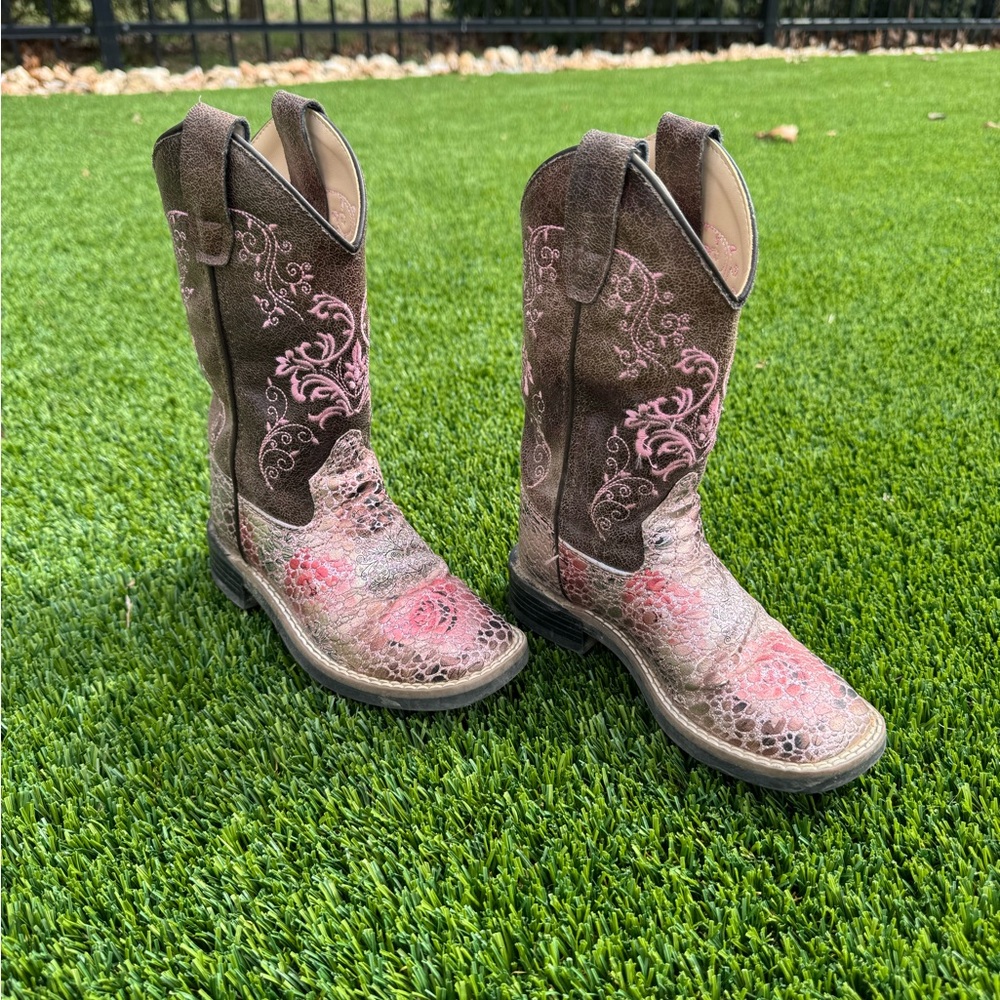 Old West Kids Brown and Crackle Antique Pink Square Toe Cowboy Boots